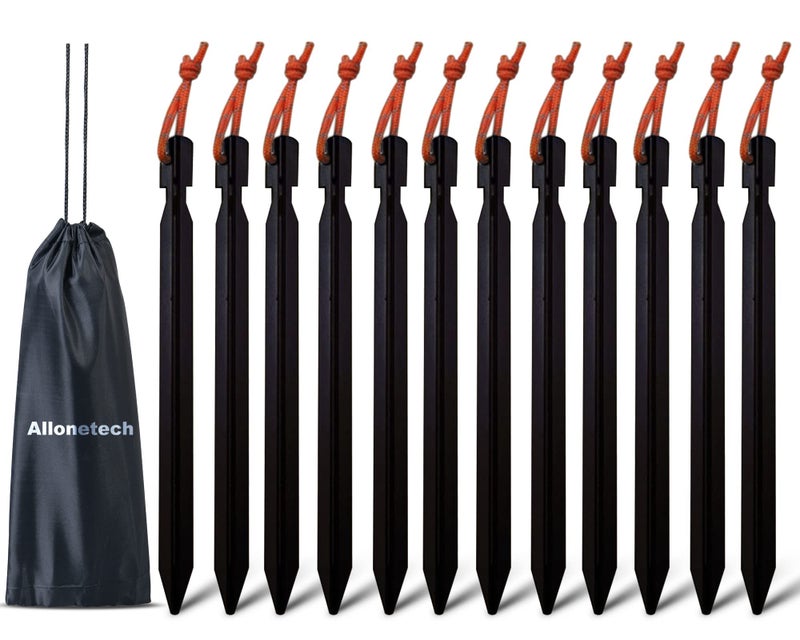 All one tech 12 Pack Tent Stakes, 7075 Ground Metal Camping Aluminum Tent Pegs, Lightweight Tent Stakes Heavy Duty Spikes Camping Accessories, Black - Image 1